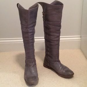 Tall Gray Leather Frye Buckle Boots